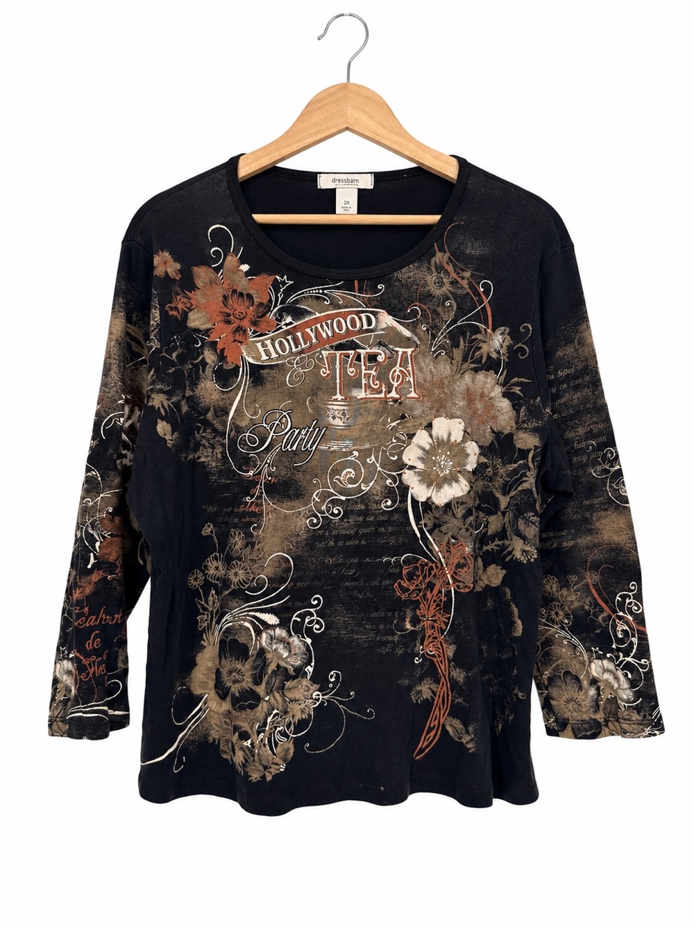 Dressbarn Hollywood Tea Party Floral Graphic Top Size 2X Made USA Cotton